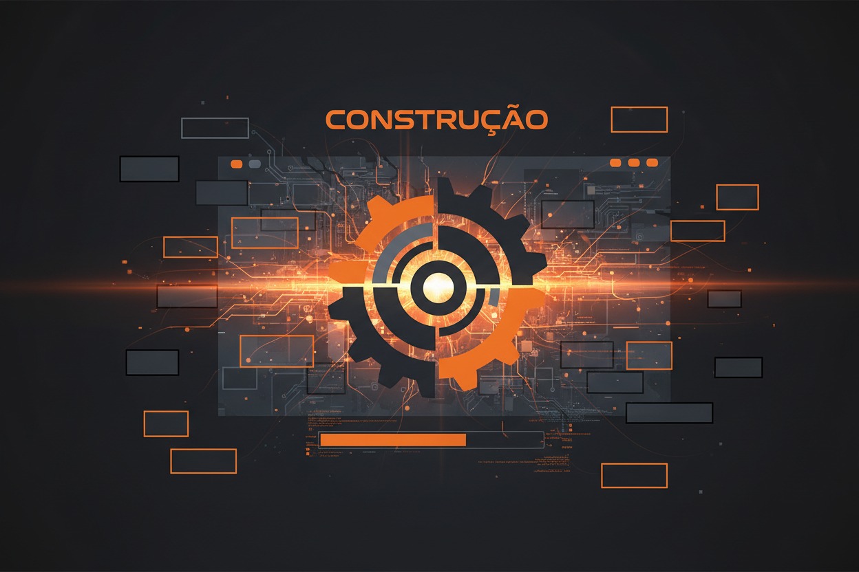 Uma engrenagem estilizada em laranja e cinza com a palavra construção em destaque no topo, sobre um fundo digital escuro com linhas luminosas e retângulos ao redor.